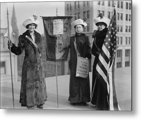 History Metal Print featuring the photograph Three Suffragettes Demonstrate In New by Everett