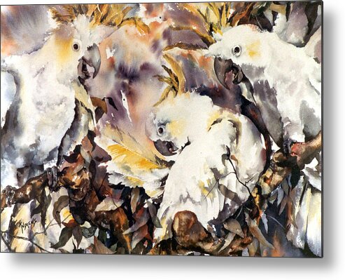 Sulphur Crest Cockatoos Metal Print featuring the painting Two's Company by Rae Andrews