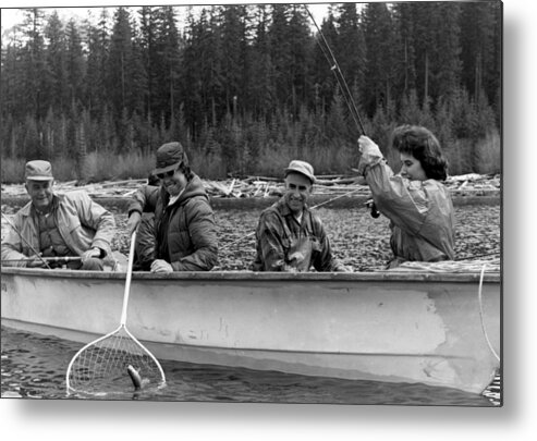 People Fishing Boat Circa 1960 Black White 1950s Metal Print