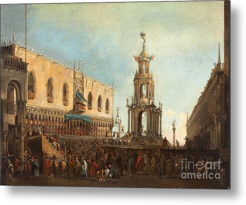 Antonio Canal Metal Print featuring the painting The Doge At The Celebration Of The Gioved Grasso At The Piazzetta by MotionAge Designs