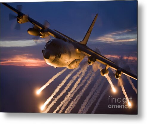 Smoke Metal Print featuring the photograph A C-130 Hercules Releases Flares by HIGH-G Productions
