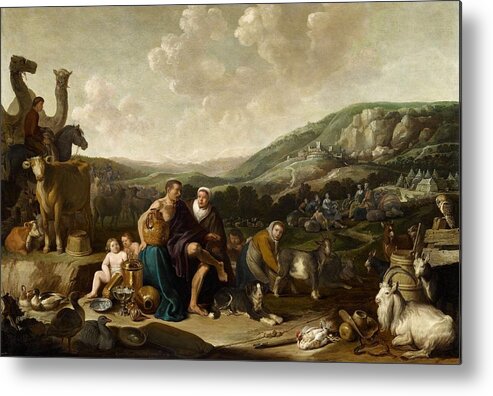 Cornelis Saftleven Metal Print featuring the painting Landscape with Jacob and Rachel #1 by Cornelis Saftleven