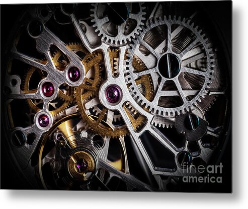 Clockwork Metal Print featuring the photograph Mechanism, clockwork of a watch with jewels, close-up. Vintage luxury #1 by Michal Bednarek