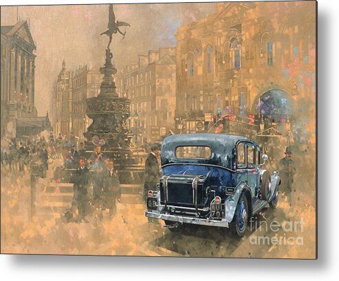 Rolls Royce; Car; Vehicle; Vintage; Automobile; Fountain; West End; London; Piccadilly Circus; Classic Cars; Vintage Cars; Nostalgia; Nostalgic; London Metal Print featuring the painting Phantom in Piccadilly by Peter Miller