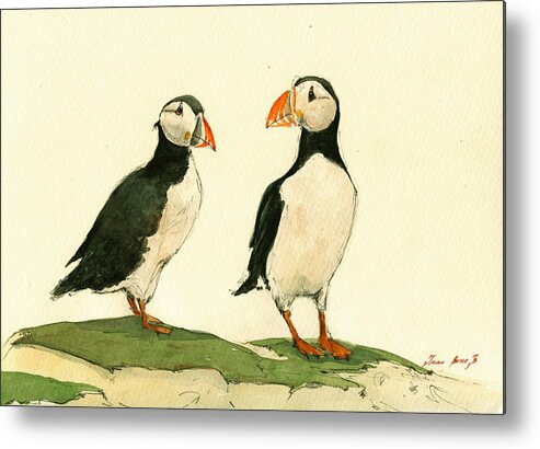 Puffin Art Metal Print featuring the painting Puffins #1 by Juan Bosco