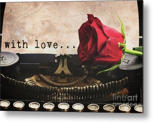 Typewriter Metal Print featuring the photograph Red Rose On Typewriter #1 by Anastasy Yarmolovich