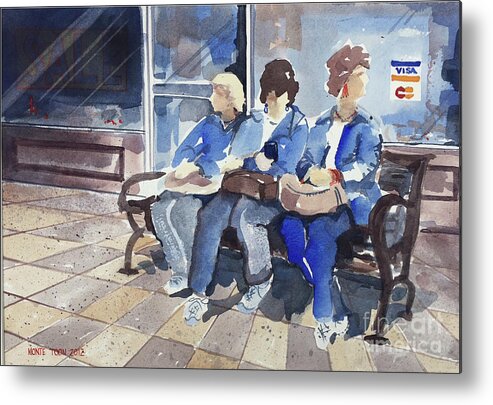 Three Ladies On A Park Bench At A Shopping Mall. Metal Print featuring the painting Shopping by Monte Toon