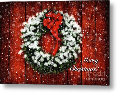 Christmas Card Metal Print featuring the photograph Snowy Christmas Wreath Card by Lois Bryan