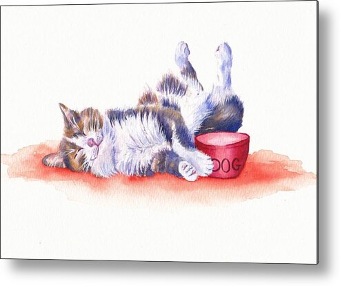 Cat Metal Print featuring the painting Contented Cat - Stolen Lunch by Debra Hall