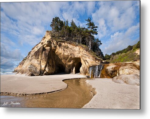 Beach Metal Print featuring the photograph Waterfall Flowing into the Pacific Ocean by Jeff Goulden