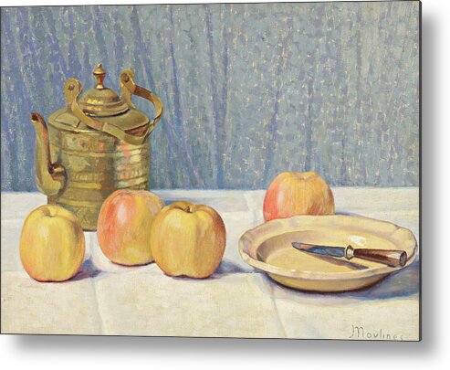 Still Life With Apples And Teapot By Ernest Moulines (1870-1942) Metal Print featuring the painting Still Life with Apples and Teapot #2 by Ernest Moulines
