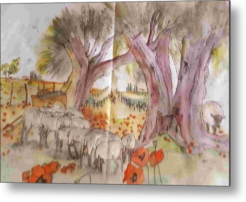 Ttees. Olive. Italy. Landscape . Sheep Metal Print featuring the painting Trees trees trees album #7 by Debbi Saccomanno Chan