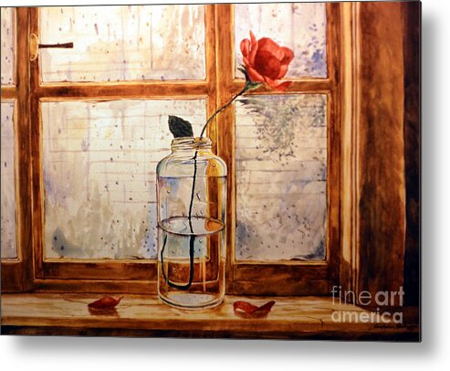 Rose Metal Print featuring the painting A rose in a glass jar on a rainy day by Christopher Shellhammer