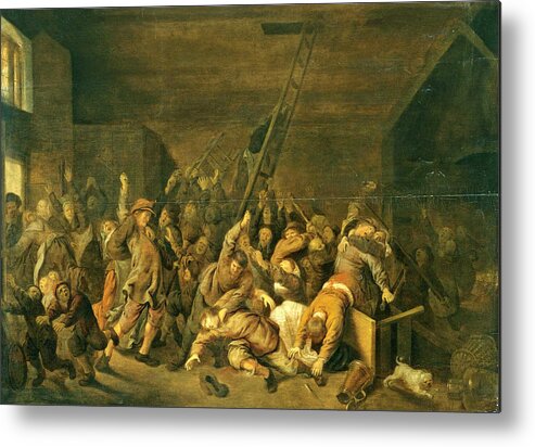 Jan Miense Molenaer Metal Print featuring the painting A Tavern Interior with Figures Brawling by Jan Miense Molenaer