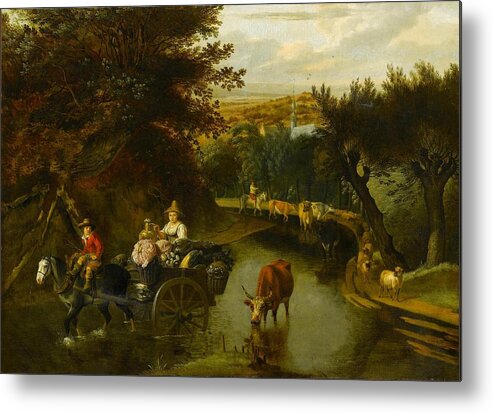 Jan Siberechts Metal Print featuring the painting A Wooded Landscape with Peasants in a Horse by MotionAge Designs