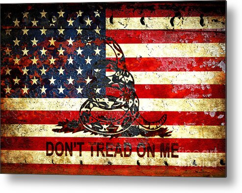Snake Metal Print featuring the digital art American Flag And Viper On Rusted Metal Door - Don't Tread on Me by M L C