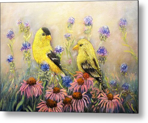 All Metal Print featuring the painting American Goldfinch Pair by Loretta Luglio