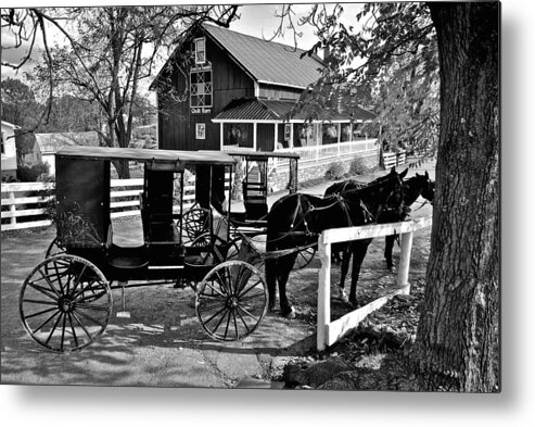 Amish Metal Print featuring the photograph Amish Horse and Buggy in Black and White by Frozen in Time Fine Art Photography