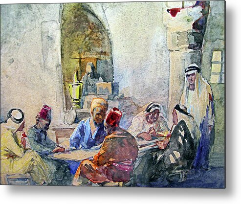 Anna Rychter May Metal Print featuring the painting Anna May Coffee Shop in Jerusalem by Munir Alawi