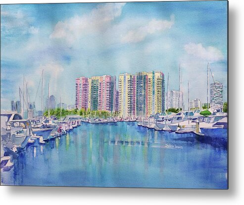 Aqua Towers Metal Print featuring the painting Aqua Towers and the Marina in Long Beach by Debbie Lewis