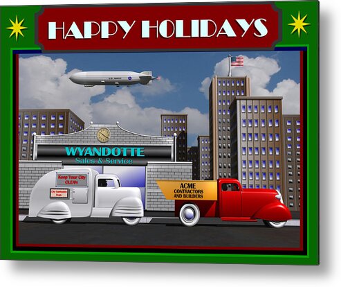 Wyandotte Metal Print featuring the digital art Art Deco Street Scene Christmas card by Stuart Swartz