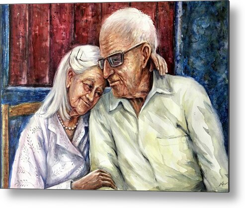 Old Couple Metal Print featuring the painting At the end of the road by Katerina Kovatcheva