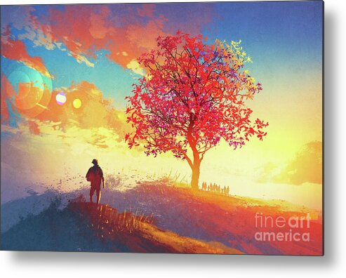 Abstract Metal Print featuring the painting Autumn Sunrise by Tithi Luadthong