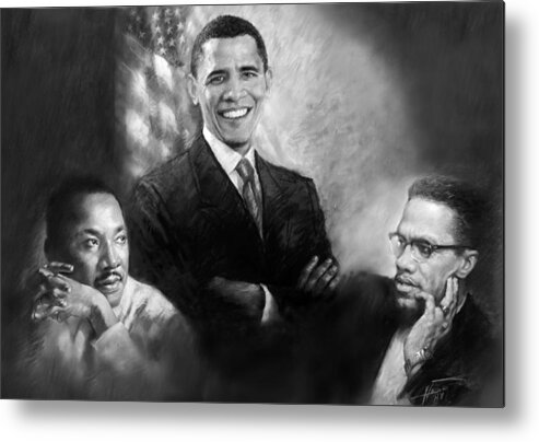 Barack Obama Metal Poster featuring the pastel Barack Obama Martin Luther King Jr and Malcolm X by Ylli Haruni