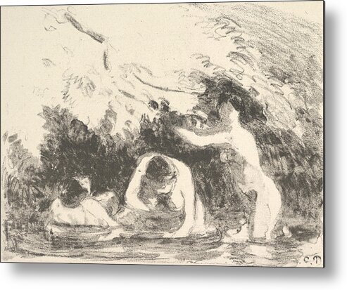 19th Century Art Metal Print featuring the relief Bathers in the Shade of Wooded Banks by Camille Pissarro