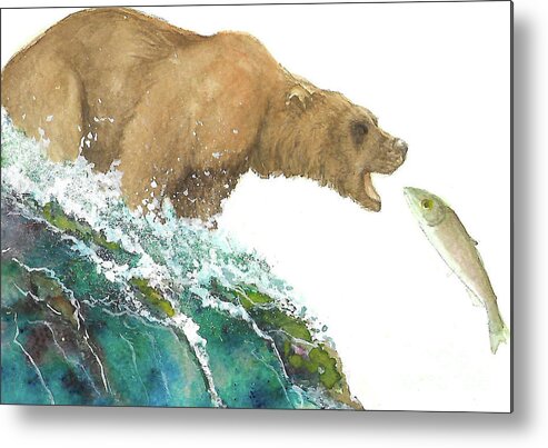 Bears Metal Print featuring the painting Bear and Salmon by Tracey Hunnewell