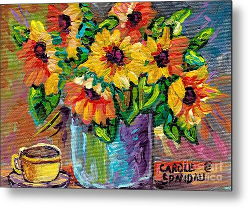 Sunflowers Metal Print featuring the painting Beautiful Colorful Sunflowers In Blue Vase Original Painting By Carole Spandau by Carole Spandau