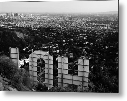 Hollywood Sign Metal Print featuring the photograph Behind Hollywood BW by James Kirkikis