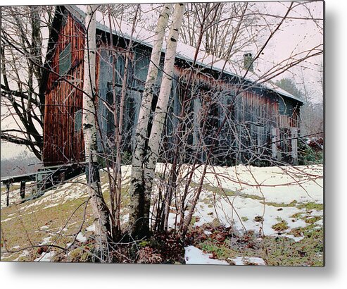 Nyoda Girls Camp Metal Print featuring the digital art Birch Trees with Antique Barn, Winter Dusk at Camp Nyoda 1988 by Kathy Anselmo
