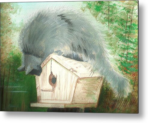 Cat Metal Print featuring the painting Birdie In The Hole by Denise F Fulmer