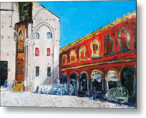 Cityscape Square Church Gallery White Red Blue Sky Metal Print featuring the painting Bologna Plaza by Joan De Bot