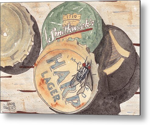 Bottle Metal Print featuring the painting Bottlecaps and Barfly by Ken Powers