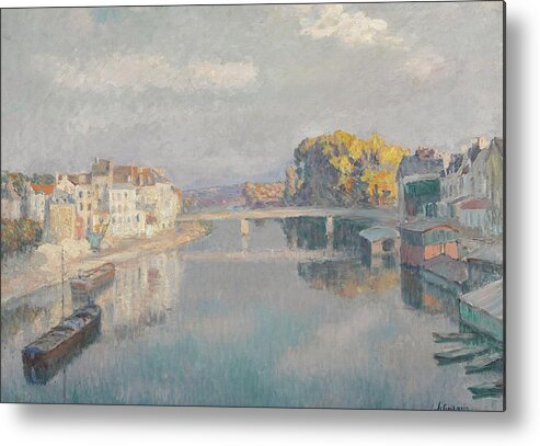 Henri Lebasque 1865 - 1937 Lagny Metal Print featuring the painting Bridge And Boat On The Marne by MotionAge Designs