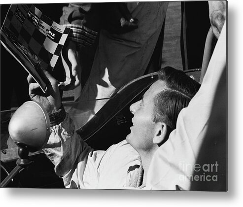 Can-am Metal Print featuring the photograph Bruce McLaren takes time for fan by Robert K Blaisdell