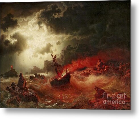 Marcus Larson (1825 - 1864) Metal Print featuring the painting Burning ship on night sea by MotionAge Designs