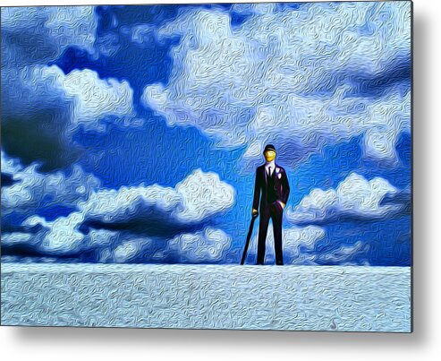 Miniature Metal Print featuring the photograph Business Man Miniature Toy Model and Cloudy Sky Oil Painting by John Williams