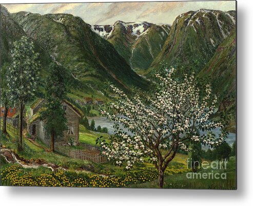 Nature Metal Print featuring the painting Buttercups and apple trees by O Vaering