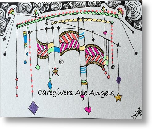 Zentangle Metal Print featuring the drawing Caregivers Are Angels Dangles by Jan Steinle