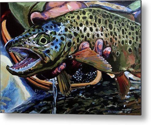 Brown Trout Metal Print featuring the painting Catch of the Day by Les Herman