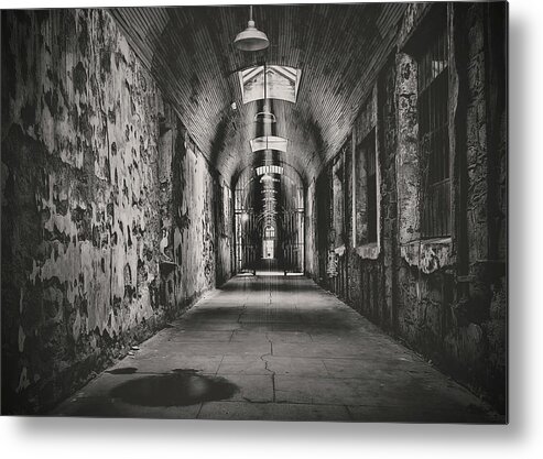 Eastern State Penitentiary Metal Print featuring the photograph Cell Block 1 BW by Heather Applegate