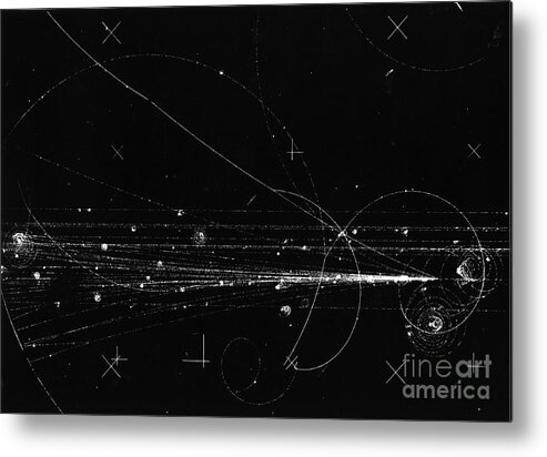 Science Metal Print featuring the photograph Charged Particles, Bubble Chamber Event by Science Source