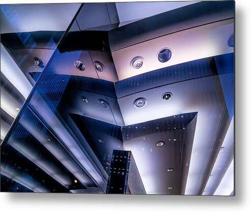 410 Cohn And Resnik Abstract Contemplative Modern Building Glass Light Reflection Reflect Steel Structure Rectangle Rectangular Geometry Geometrical Layer Inside Indoors Wide Horizontal Depth Dimension Gradation Dynamic Graphical Graphic Cool Technology Intricate Complex Symmetry Symmetrical Color Electric Metallic Blue Indigo Grey Gray Charcoal Silver Black Chrome Unconventional Steve Steven Maxx Photography Photo Photographs Metal Print featuring the photograph Cohn and Resnik by Steven Maxx