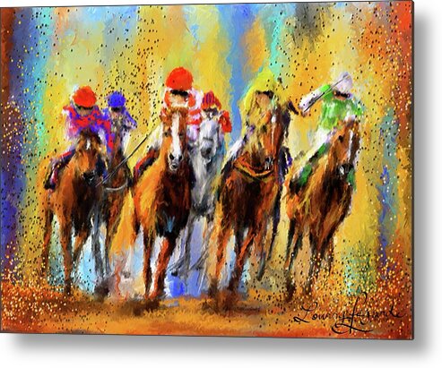 Horse Racing Metal Print featuring the painting Colorful Horse Racing Impressionist Paintings by Lourry Legarde