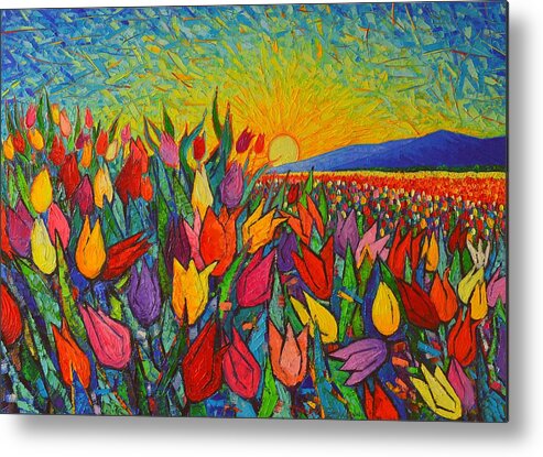 Tulip Metal Print featuring the painting Colorful Tulips Field Sunrise - Abstract Impressionist Palette Knife Painting By Ana Maria Edulescu by Ana Maria Edulescu