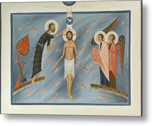 Contemporary Icon Baptism Of Christ Metal Print featuring the mixed media Contemporary icon Baptism of Christ by Olga Shalamova