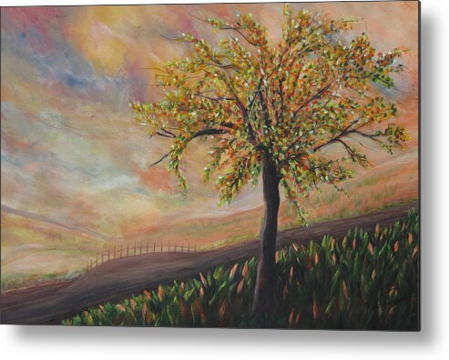 Tree Colorful With Yellows Metal Print featuring the painting Country Morn by Roberta Rotunda